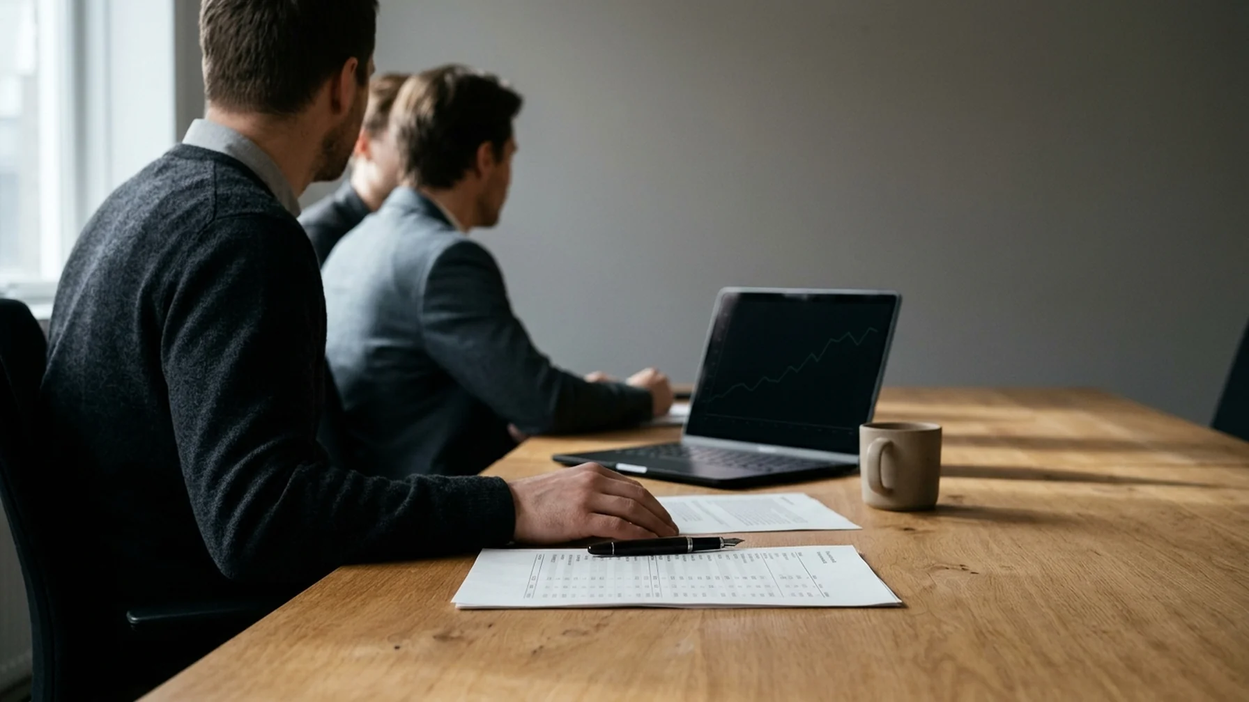 A small finance team reviewing a printed currency exposure sheet on a wooden desk beside a laptop, with a rate chart open on the screen and natural window light across the papers.