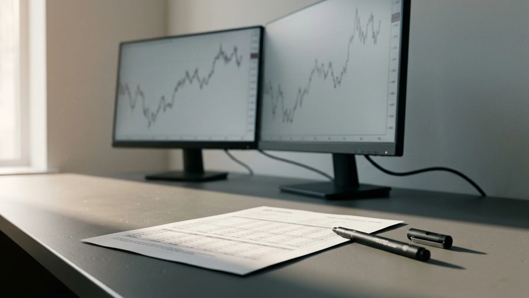 Close view of a currency dealer's dual-screen setup showing two live rate charts side by side, a printed rate confirmation sheet and a pen on the desk, daylight from a window